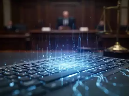 Eine Nahaufnahme einer verschwommenen Tastatur mit blauem Licht, das AI und Betrug symbolisiert, im Hintergrund ein Gerichtssaal. - Foto: über boerse-global.de