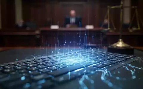 Eine Nahaufnahme einer verschwommenen Tastatur mit blauem Licht, das AI und Betrug symbolisiert, im Hintergrund ein Gerichtssaal. - Foto: über boerse-global.de