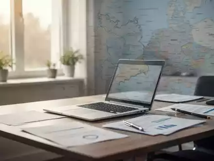 Ein aufgeräumtes Homeoffice mit Laptop und Dokumenten auf einem Schreibtisch. Im Hintergrund ist eine subtile Karte von Deutschland und den Niederlanden zu sehen. - Foto: über boerse-global.de