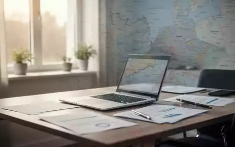 Ein aufgeräumtes Homeoffice mit Laptop und Dokumenten auf einem Schreibtisch. Im Hintergrund ist eine subtile Karte von Deutschland und den Niederlanden zu sehen. - Foto: über boerse-global.de