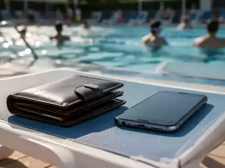Eine Nahaufnahme einer Geldbörse und eines Smartphones, die unbeaufsichtigt auf einer Sonnenliege in einem Freibad liegen. - Foto: über boerse-global.de