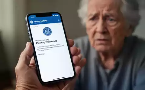 Nahaufnahme einer Hand, die ein Smartphone mit einer Phishing-E-Mail hält, im Hintergrund verschwommen eine ältere Person. - Foto: über boerse-global.de