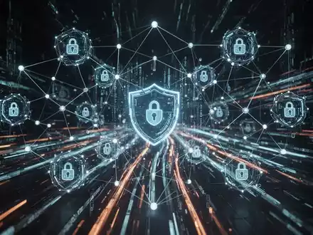 Abstraktes, futuristisches Netzwerk aus KI-Agenten und Sicherheitsprotokollen mit leuchtenden Linien und Knoten. - Foto: über boerse-global.de