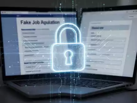 Leuchtendes Vorhängeschloss-Symbol über unscharfem Laptop-Bildschirm mit gefälschter Bewerbung, digitale Linien symbolisieren Datendiebstahl. - Foto: über boerse-global.de