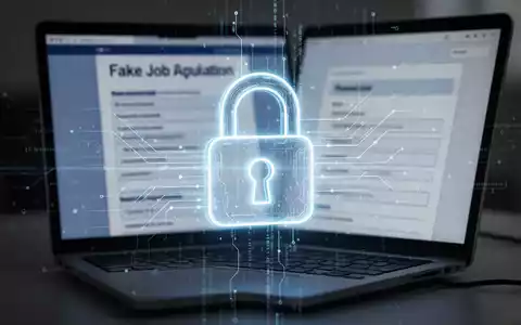 Leuchtendes Vorhängeschloss-Symbol über unscharfem Laptop-Bildschirm mit gefälschter Bewerbung, digitale Linien symbolisieren Datendiebstahl. - Foto: über boerse-global.de