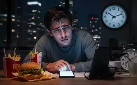 Ein junger Erwachsener mit müdem Ausdruck, umgeben von Fast Food, einem leuchtenden Telefon und einer Uhr, die späte Stunden anzeigt. - Foto: über boerse-global.de