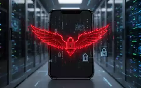 Smartphone-Bildschirm mit rotem Flügel-Symbol, Binärcode und Schloss-Symbolen vor verschwommenem Tech-Hintergrund, stellt Android-Malware dar. - Foto: über boerse-global.de