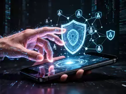 Menschliche Hand interagiert mit holografischer Schnittstelle eines Android-Smartphones, symbolisiert mobile Sicherheit und KI-Agenten. - Foto: über boerse-global.de