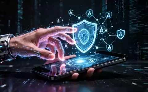 Menschliche Hand interagiert mit holografischer Schnittstelle eines Android-Smartphones, symbolisiert mobile Sicherheit und KI-Agenten. - Foto: über boerse-global.de