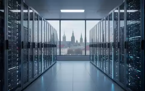 Innenansicht eines modernen Rechenzentrums mit Reihen von leuchtenden Server-Racks und einer verschwommenen Berliner Stadtansicht im Hintergrund. - Foto: über boerse-global.de