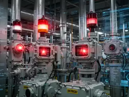 Nahaufnahme von Industrieanlagen mit Sicherheitsventilen und Sensoren in einer explosionsgefährdeten Zone, die digitale Überwachung und funktionale Sicherheit hervorheben. - Foto: über boerse-global.de