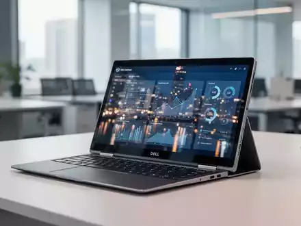 Modernes Dell Latitude 2-in-1 im Tablet-Modus auf einem Schreibtisch in einem hellen Büro, mit Business-Oberfläche. - Foto: über boerse-global.de