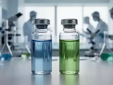 Nahaufnahme zweier medizinischer Fläschchen, die eine Kombinationstherapie darstellen, mit unscharfem Laborhintergrund. - Foto: über boerse-global.de