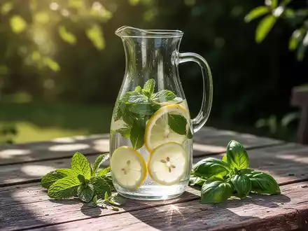 Eine Glaskaraffe mit Kräuterwasser, gefüllt mit Minze, Zitronenscheiben und Basilikum, auf einem Holztisch im Sommer. - Foto: über boerse-global.de