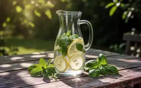 Eine Glaskaraffe mit Kräuterwasser, gefüllt mit Minze, Zitronenscheiben und Basilikum, auf einem Holztisch im Sommer. - Foto: über boerse-global.de