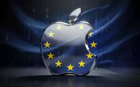 Metallenes Apple-Logo, teilweise verdeckt von digitaler EU-Flagge, symbolisiert EU-Digitalmärkte-Gesetz-Berufung gegen Apple. - Foto: über boerse-global.de