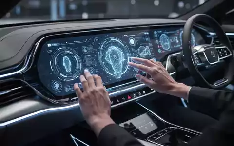 Futuristisches Auto-Armaturenbrett mit integrierter KI-Siri-Benutzeroberfläche und Händen, die damit interagieren. - Foto: über boerse-global.de
