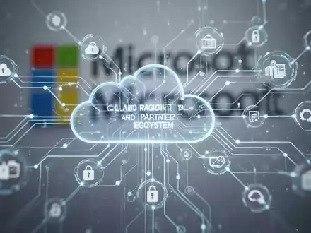 Vernetzte Datenknoten und Pfade, die Cloud-Migration und Partner-Ökosysteme darstellen, mit unscharfem Microsoft-Logo im Hintergrund. - Foto: über boerse-global.de