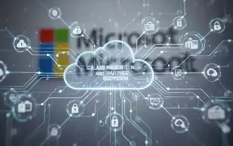 Vernetzte Datenknoten und Pfade, die Cloud-Migration und Partner-Ökosysteme darstellen, mit unscharfem Microsoft-Logo im Hintergrund. - Foto: über boerse-global.de