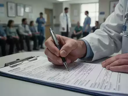 Nahaufnahme einer Hand, die einen Stift über ein medizinisches Formular hält, im Hintergrund verschwommen eine Arztpraxis. - Foto: über boerse-global.de