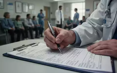 Nahaufnahme einer Hand, die einen Stift über ein medizinisches Formular hält, im Hintergrund verschwommen eine Arztpraxis. - Foto: über boerse-global.de