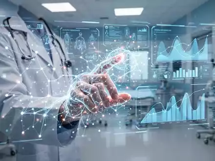 Eine Hand, die mit einer holografischen Anzeige medizinischer Daten interagiert, während ein neuronales Netzwerk im Hintergrund leuchtet. - Foto: über boerse-global.de