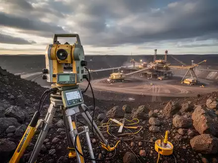 Geophysikalische Vermessungsausrüstung in bergigem Gelände mit einem entfernten Goldbergwerk unter dramatischem Himmel. - Foto: über boerse-global.de