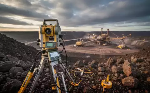 Geophysikalische Vermessungsausrüstung in bergigem Gelände mit einem entfernten Goldbergwerk unter dramatischem Himmel. - Foto: über boerse-global.de