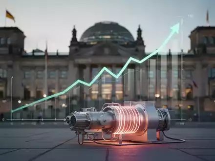 Ein modernes Heizsystemkomponente vor dem unscharfen Hintergrund des Bundestagsgebäudes, mit einem aufwärts gerichteten Trendgraph. - Foto: über boerse-global.de
