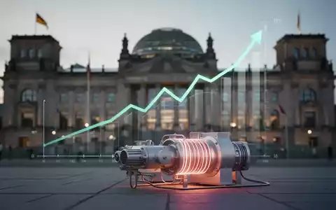 Ein modernes Heizsystemkomponente vor dem unscharfen Hintergrund des Bundestagsgebäudes, mit einem aufwärts gerichteten Trendgraph. - Foto: über boerse-global.de