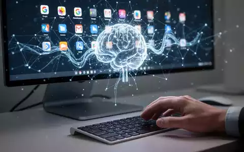 Stilisierte KI über Bildschirm mit App-Icons, Hand auf Tastatur, symbolisiert KI-Integration und UX. - Foto: über boerse-global.de