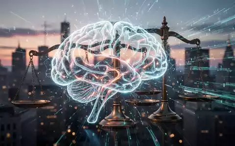 Glühendes KI-Gehirn, verwoben mit Waage der Gerechtigkeit und digitalen Datenströmen, symbolisiert KI-Regulierung und politischen Einfluss. - Foto: über boerse-global.de