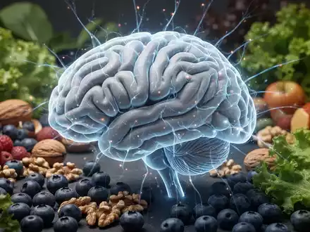 Ein menschliches Gehirn mit leuchtenden neuronalen Pfaden, umgeben von gesunden Lebensmitteln wie Blaubeeren und Nüssen. - Foto: über boerse-global.de