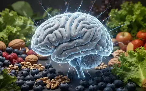 Ein menschliches Gehirn mit leuchtenden neuronalen Pfaden, umgeben von gesunden Lebensmitteln wie Blaubeeren und Nüssen. - Foto: über boerse-global.de