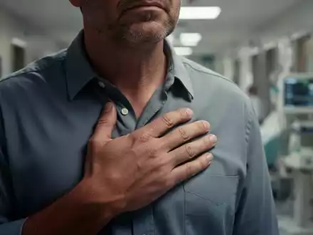 Nahaufnahme einer Hand, die sich dezent an die Brust greift, mit unscharfem medizinischem Hintergrund, der Sorge andeutet. - Foto: über boerse-global.de