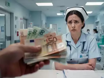 Eine Nahaufnahme einer Hand, die Euro-Banknoten hält, mit einer besorgten Krankenschwester im Hintergrund. - Foto: über boerse-global.de