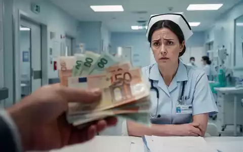 Eine Nahaufnahme einer Hand, die Euro-Banknoten hält, mit einer besorgten Krankenschwester im Hintergrund. - Foto: über boerse-global.de
