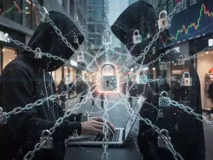 Schattenfigur an Laptop, digitale Schlösser und Ketten überlagert, vor Einzelhandelsgeschäften und Aktiencharts. - Foto: über boerse-global.de