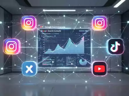 Digitale Illustration mit verbundenen Icons von Google Search Console, Instagram, TikTok, X und YouTube, die zu einem zentralen Dashboard führen. - Foto: über boerse-global.de