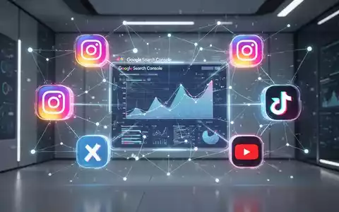 Digitale Illustration mit verbundenen Icons von Google Search Console, Instagram, TikTok, X und YouTube, die zu einem zentralen Dashboard führen. - Foto: über boerse-global.de