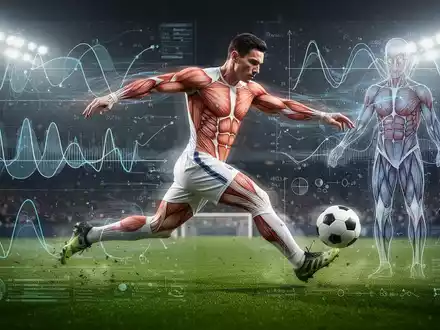 Ein Fußballspieler in Bewegung auf einem Feld, überlagert mit abstrakten wissenschaftlichen Daten und Muskeldarstellungen. - Foto: über boerse-global.de