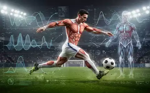 Ein Fußballspieler in Bewegung auf einem Feld, überlagert mit abstrakten wissenschaftlichen Daten und Muskeldarstellungen. - Foto: über boerse-global.de