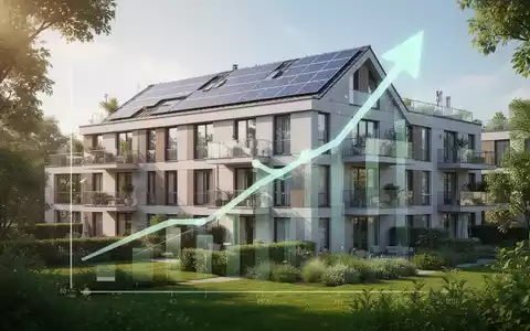 Ein modernes, energieeffizientes Wohngebäude mit Solarpaneelen und grüner Umgebung, das Nachhaltigkeit und Wertsteigerung symbolisiert. - Foto: über boerse-global.de