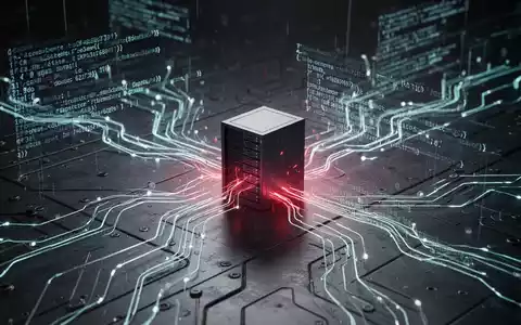 Abstrakte Darstellung von Cyber-Bedrohungen: Leuchtende Codezeilen und Datenströme konvergieren auf einen Serverschrank, mit einem roten Glühen. - Foto: über boerse-global.de