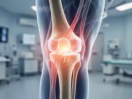 Nahaufnahme eines menschlichen Kniegelenks mit durchscheinenden anatomischen Schichten, die Knorpel, Bänder und Knochen zeigen. - Foto: über boerse-global.de