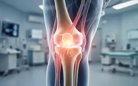 Nahaufnahme eines menschlichen Kniegelenks mit durchscheinenden anatomischen Schichten, die Knorpel, BĂ€nder und Knochen zeigen. - Foto: ĂŒber boerse-global.de