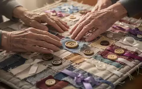 Nahaufnahme von HĂ€nden, die eine Demenzdecke mit verschiedenen Stoffen und Applikationen berĂŒhren. - Foto: ĂŒber boerse-global.de