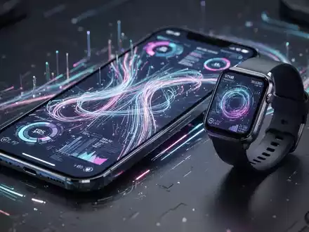 Futuristische Smartphone- und Smartwatch-Bildschirme mit KI-generierten Benutzeroberflächen und leuchtenden Datenströmen, die generative Widgets darstellen. - Foto: über boerse-global.de