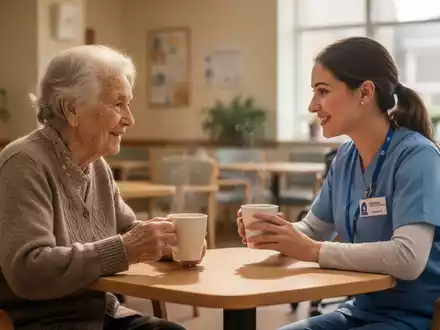 Eine ältere Person und ein jüngerer Freiwilliger unterhalten sich bei Kaffee in einem Gemeindezentrum, das soziale Engagement symbolisiert. - Foto: über boerse-global.de