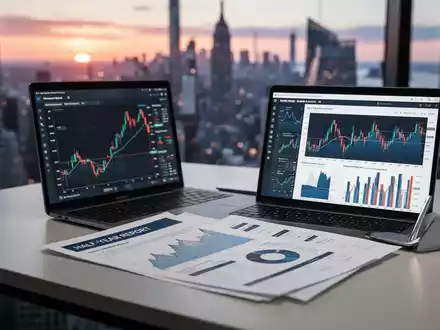 Ein Schreibtisch mit Laptop, der Finanzcharts anzeigt, und einem Halbjahresbericht, im Hintergrund eine nordamerikanische Stadt bei Sonnenaufgang. - Foto: über boerse-global.de